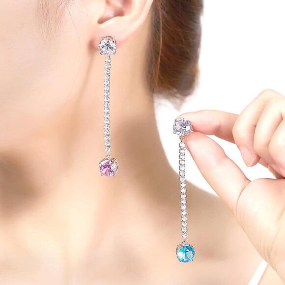 Asymmetrical Pink & Blue Cubic Zirconia Drop Earrings 3.15" Gold Plated for Wome - Picture 3 of 7